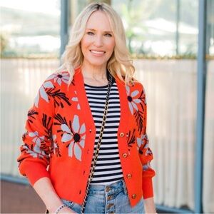 BOGO! Cabi 6240 Bloom Cardigan Spring Button Front Floral Orange Medium